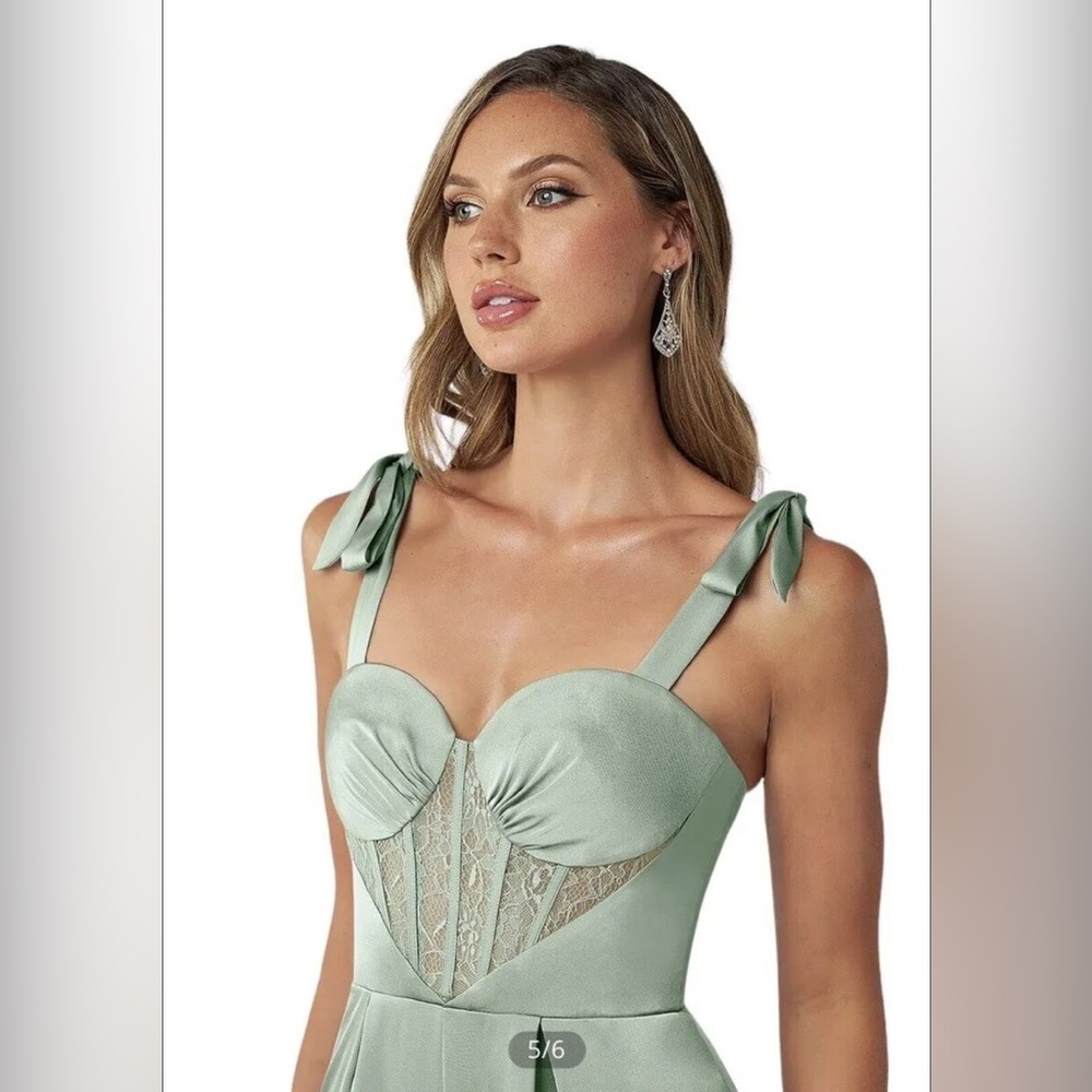 Azazie Raquel Green Lace Corset Satin Dressy Jumpsuit Like New Size 4 - Picture 3 of 11
